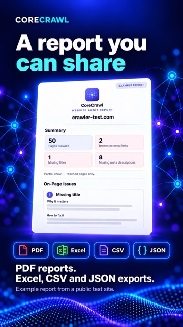 CoreCrawl promotional example showing an audit report and PDF, Excel, CSV and JSON formats